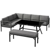 Outsunny 4 Piece L-shaped Garden Furniture Set 8-Seater Aluminium Outdoor Dining Set Conversation Sofa Set w/ Bench, Dining Table & Cushions, Grey