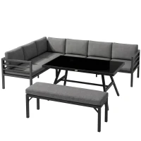 Outsunny 4 Piece L-shaped Garden Furniture Set 8-Seater Aluminium Outdoor Dining Set Conversation Sofa Set w/ Bench, Dining Table & Cushions, Grey(m-1)