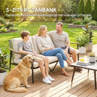 Outsunny Driezits Tuinbank Rotan Loungesofa met Afneembare Kussens Houtlook-Armleuningen Stalen Frame Khaki(m-6)