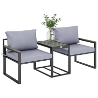 Outsunny 3-teiliges Balkonmöbel Set 2 Sessel mit Tisch abnehmbar Sitz-& Rückenkissen atmungsaktiv Bezug Grau(m-11)