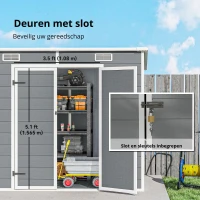 Outsunny 2,4 x 1,3 m Tuinschuur, Kunststof Tuinhuis met Bodem, Raam, Afsluitbare Deuren, voor Tuin, Terras, Grijs(m-7)