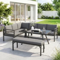 Outsunny 4 Piece L-shaped Garden Furniture Set 8-Seater Aluminium Outdoor Dining Set Conversation Sofa Set w/ Bench, Dining Table & Cushions, Grey(m-2)