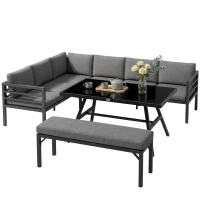 Outsunny 4 Piece L-shaped Garden Furniture Set 8-Seater Aluminium Outdoor Dining Set Conversation Sofa Set w/ Bench, Dining Table & Cushions, Grey(m-13)
