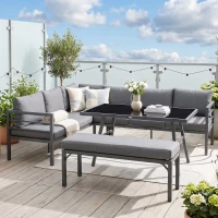 Outsunny 4 Piece L-shaped Garden Furniture Set 8-Seater Aluminium Outdoor Dining Set Conversation Sofa Set w/ Bench, Dining Table & Cushions, Grey(m-12)