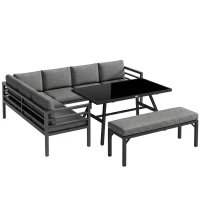 Outsunny 4 Piece L-shaped Garden Furniture Set 8-Seater Aluminium Outdoor Dining Set Conversation Sofa Set w/ Bench, Dining Table & Cushions, Grey(m-14)