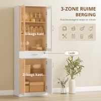 HOMCOM Keukenkast Buffetkast met verstelbare plank, lade, 2 deuren, hoge kast met glazen deur 60 x 35 x 180 cm Wit(m-6)