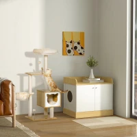 PawHut Tiragraffi per Gatti con 2 Pali, Casetta, Amaca, Lettino e 2 Palline, in Legno, Pile e Sisal, 48x40x126 cm(m-7)