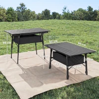Outsunny Campingtafel met Opbergmand, In Hoogte Verstelbaar, Opvouwbaar, Aluminium, Zwart(m-3)
