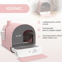 PawHut Litieră pentru Pisici Închisă cu Filtre, Lopățică și Tăviță, Structură din PP, 43x44x47cm, Roz(m-4)
