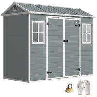 Outsunny 8 x 4 ft Plastic Garden Shed, Wood-Effect Outdoor Storage Shed with Floor, Windows, Lockable Doors and Vents, Light Grey(m-10)