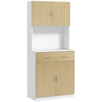 HOMCOM Mueble Auxiliar de Cocina con Puertas Cajón y Estantes Ajustables Antivuelco 80x40x180 cm Natural y Blanco(m-1)