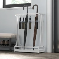 HOMCOM Paragüero Moderno de Acero con 21 Espacios y 24 Ganchos Bandeja Recogegotas Extraíble para Entrada 50x24x68 cm Blanco(m-6)