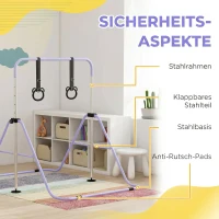 HOMCOM Bară Gimnastică Artistică pentru Copii Reglabilă cu 2 Inele, din Oțel, 148x105x88-128 cm, Mov(m-5)
