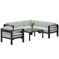 Outsunny 5-Piece Garden Corner Sofa Set with Cushions, 6 Seater Aluminium Garden Furniture Set with Coffee Table, Light Grey(m-10)