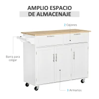 HOMCOM Isla de Cocina Mueble Auxiliar de Cocina con 2 Cajones 6 Puertas y Barra Lateral 121x46x91 cm Roble y Blanco(m-4)
