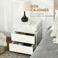 HOMCOM Mesita de Noche Blanca con Luz LED Mesita Decorativa con 2 Cajones y Mando a Distancia 45x35x52 cm Blanco(m-6)