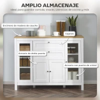 HOMCOM Aparador de Cocina con Armario 2 Cajones 2 Puertas de Vidrio y Estantes Ajustables Muebles Auxiliar de Almacenaje para Comedor Salón 120x40x90 cm Blanco(m-4)
