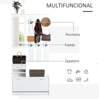 HOMCOM Recibidor de Entrada con Espejo Perchero y Zapatero Mueble de Recibidor de 2 Piezas con 6 Ganchos Estantes y Cajón Abatible para Pasillo Blanco(m-4)