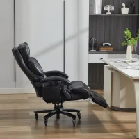 Sillón ejecutivo con función de masaje y calefacción, silla de oficina ergonómica con piel sintética, reposapiés extensible, 88 x 70 x 112,5 cm, Negro(m-6)