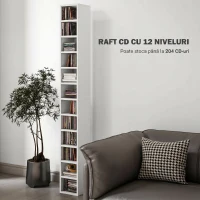HOMCOM Raft Bibliotecă pentru CD-uri cu 12 rafturi, din MDF și panou aglomerat, 21x20x175 cm, Alb(m-4)