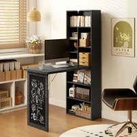 HOMCOM Bureau d'ordinateur pliable avec bibliothèque, poste de travail, tableau noir et étagère réglable, 98x51x153cm, noir(m-8)