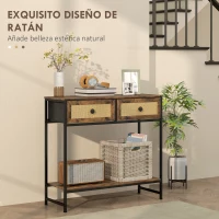 HOMCOM Mesa Consola con Estante Abierto y 2 Cajones Frontales de Ratán Consola para Recibidor 80x30x75 cm Marrón Rústico(m-4)