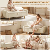 HOMCOM Banc de rangement 73 L, coffre de rangement rembourré en velours côtelé avec accoudoirs et pieds en bois d'hévéa, beige(m-7)