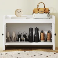 HOMCOM Banco Zapatero con Puertas Frentes de Ratán Balda Extraíble para Entrada o Dormitorio 80x35x52 cm Blanco y Beige(m-8)