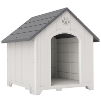 PawHut Casota para Cães de Exterior Casa para Cães Grandes de Plástico com 2 Janelas Base Elevada Estacas Cinzento