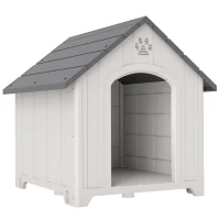 PawHut Casota para Cães de Exterior Casa para Cães Grandes de Plástico com 2 Janelas Base Elevada Estacas Cinzento(m-1)
