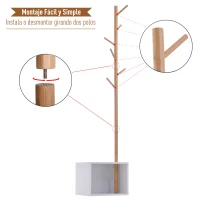 HOMCOM Perchero de Pie con Zapatero Colgador Tipo Árbol Moderno 6 Ganchos para Colgar Ropa Bolsa Banco con Almacenamiento Pasillo Entrada Bambú y MDF 40x30x180cm(m-6)