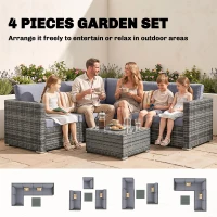 Outsunny 4 Pieces Rattan Garden Furniture Set, Wicker Outdoor Furniture Set with Corner Sofa Loveseat Coffee Table Cushions, Conservatory Furniture Set for Patio Balcony Poolside, Grey(m-17)