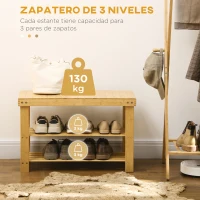 HOMCOM Banco Zapatero de Bambú con Asiento y 2 Estantes para 6 Pares para Entrada Salón Dormitorio 70x28x45 cm Natural(m-4)
