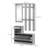 HOMCOM Recibidor de Entrada con Espejo Perchero y Zapatero Mueble de Recibidor de 2 Piezas con 6 Ganchos Estantes y Cajón Abatible para Pasillo Gris(m-3)