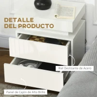 HOMCOM Mesita de Noche Blanca con Luz LED Mesita Decorativa con 2 Cajones y Mando a Distancia 45x35x52 cm Blanco(m-7)