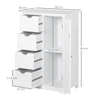 kleankin Armario Auxiliar de Baño Mueble para Baño con Puerta 4 Cajones y Estante Ajustable para Cocina Salón 56x30x83 cm Blanco(m-3)