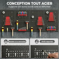 HOMCOM panneau perforé mural 600 x 400 mm, organiseur garage en acier avec 4 panneaux perforés, noir et rouge(m-4)