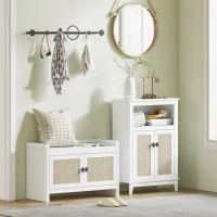 HOMCOM Banco Zapatero con Puertas Frentes de Ratán Balda Extraíble para Entrada o Dormitorio 80x35x52 cm Blanco y Beige(m-9)