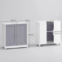 kleankin Waschbeckenunterschrank Badezimmerschrank Waschtischunterschrank mit 2 Türen Regal verstellbar MDF Weiß+Grau 60 x 30 x 60 cm(m-3)