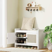 HOMCOM Banco Zapatero con Puertas Frentes de Ratán Balda Extraíble para Entrada o Dormitorio 80x35x52 cm Blanco y Beige(m-2)