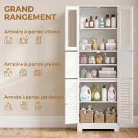 HOMCOM Meuble de salle de bain haut, meuble de rangement avec 6 portes dont 2 vitrées et 2 persiennes, étagère réglable, blanc(m-4)