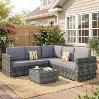 Outsunny 4 Pieces Rattan Garden Furniture Set, Wicker Outdoor Furniture Set with Corner Sofa Loveseat Coffee Table Cushions, Conservatory Furniture Set for Patio Balcony Poolside, Grey(m-13)