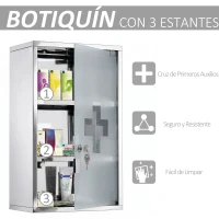 HOMCOM Armario de Medicinas Botiquín Gabinete de Primero Auxilios Acero Inox 3 Estantes Caja Colgante de Pared con Cerradura(m-6)
