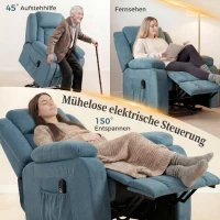 HOMCOM Aufstehsessel mit weichem Bezug, Recliner-Sessel mit Fernbedienung und Seitentaschen, Blau(m-4)
