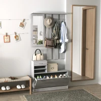 HOMCOM Recibidor de Entrada con Espejo Perchero y Zapatero Mueble de Recibidor de 2 Piezas con 6 Ganchos Estantes y Cajón Abatible para Pasillo Gris(m-2)