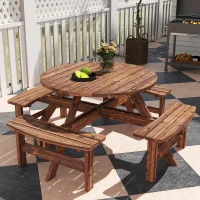 Outsunny Wooden Garden Dining Set, 8 Seater Patio Furniture Set with Round Picnic Table, Parasol Hole for Outdoor Garden, Tan(m-9)