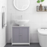 kleankin Bathroom Under-Sink Storage Cabinet, Space Saver Cabinet Organizer with Adjustable Shelf, Handles, Drain Hole, 60x60cm, White and Grey(m-7)