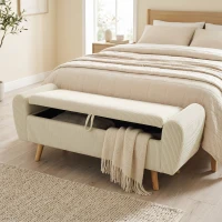 HOMCOM Banc de rangement 73 L, coffre de rangement rembourré en velours côtelé avec accoudoirs et pieds en bois d'hévéa, beige(m-2)