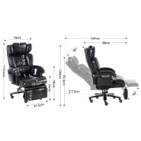 Fauteuil de direction avec fonction massage et chauffage, chaise de bureau ergonomique en simili cuir, repose-pieds extensible, 88 x 70 x 112,5 cm, Noir(m-3)