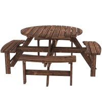 Outsunny Wooden Garden Dining Set, 8 Seater Patio Furniture Set with Round Picnic Table, Parasol Hole for Outdoor Garden, Tan(m-1)